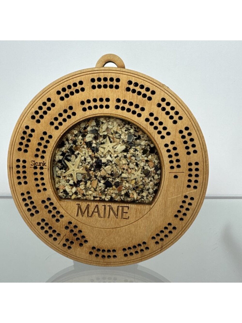 Maine Shellware Wooden Cribbage Board Crushed Shell Inlay Round Travel Game 7in